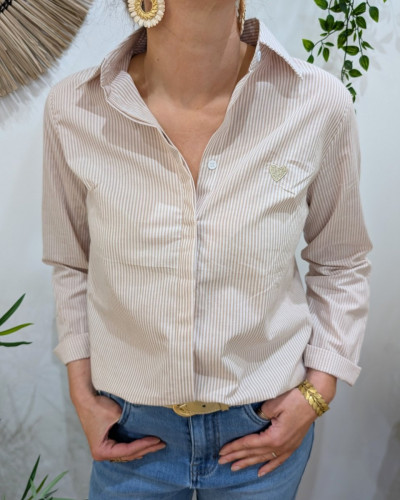 Chemisier femme rayé beige et blanc coeur doré Serra