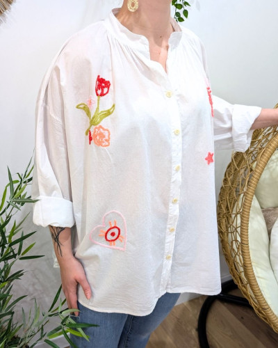 Chemisier femme oversize blanc broderies multicolores fluos