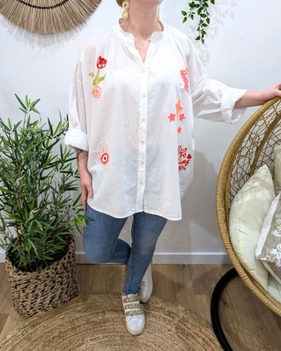 Chemisier femme oversize blanc broderies multicolores fluos