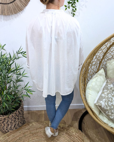 Chemisier femme oversize blanc broderies multicolores fluos