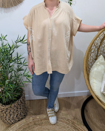 Chemisier femme oversize coton gaze broderies palmiers