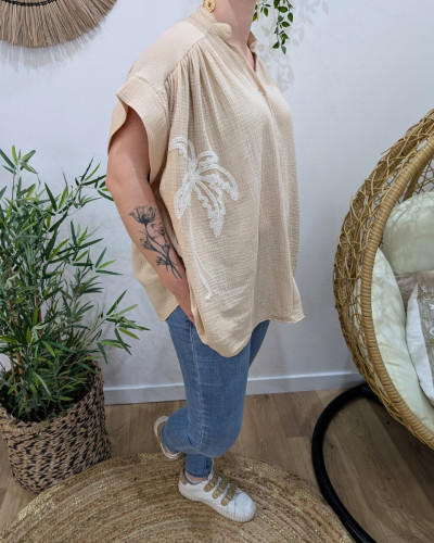 Chemisier femme oversize coton gaze broderies palmiers