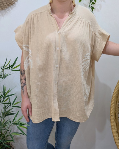 Chemisier femme oversize coton gaze broderies palmiers