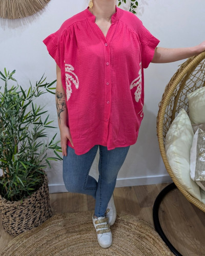 Chemisier femme oversize coton gaze broderies palmiers