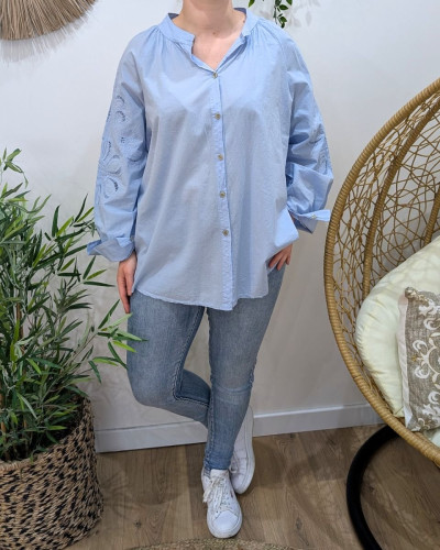 Chemisier femme oversize col mao manches fleurs brodées