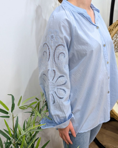 Chemisier femme oversize col mao manches fleurs brodées