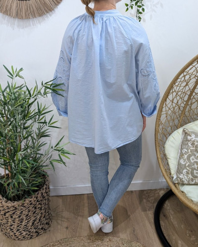 Chemisier femme oversize col mao manches fleurs brodées
