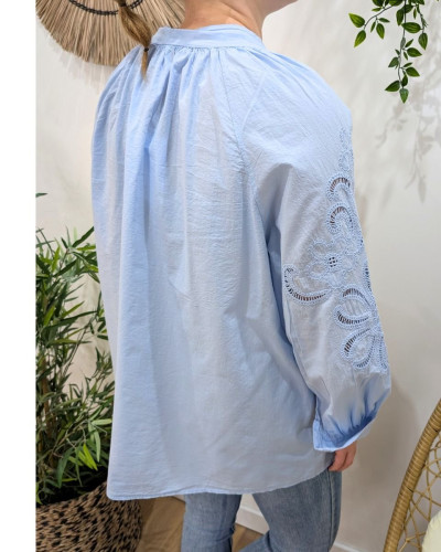 Chemisier femme oversize col mao manches fleurs brodées