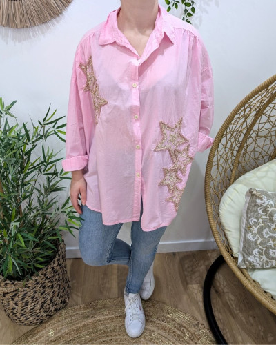 Chemisier femme oversize étoiles broderies strass