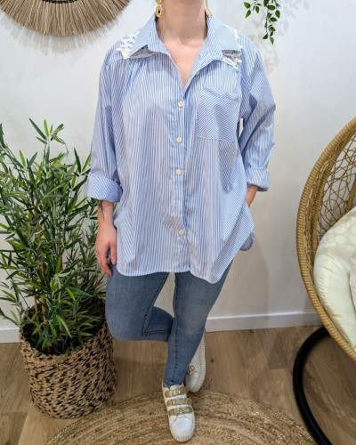 Chemisier femme oversize rayé dos brodé ajouré