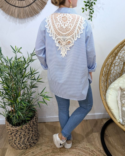 Chemisier femme oversize rayé dos brodé ajouré