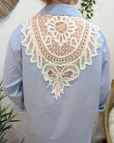 Chemisier femme oversize rayé dos brodé ajouré