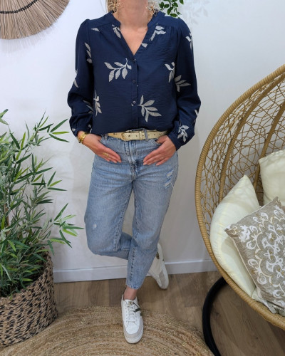 Chemisier femme coton bleu marine feuilles brodées écrues