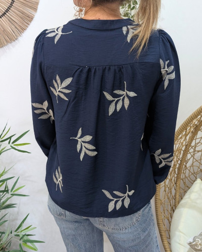 Chemisier femme coton bleu marine feuilles brodées écrues