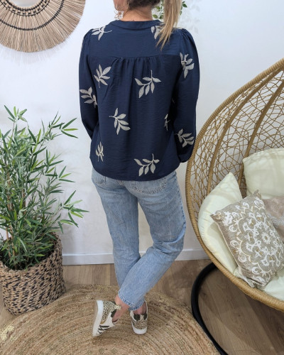 Chemisier femme coton bleu marine feuilles brodées écrues