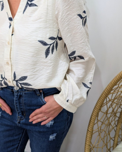Chemisier femme coton écru feuilles brodées marines