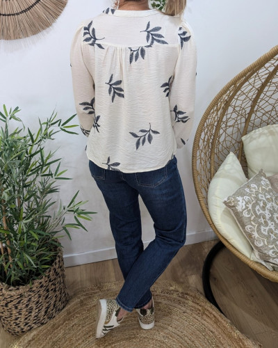 Chemisier femme coton écru feuilles brodées marines