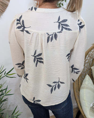 Chemisier femme coton écru feuilles brodées marines