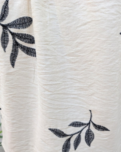 Chemisier femme coton écru feuilles brodées marines