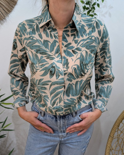 Chemisier femme beige feuillages verts