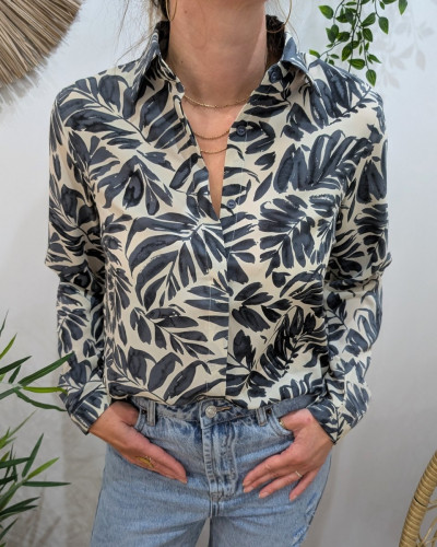 Chemisier femme écru  feuillages bleus
