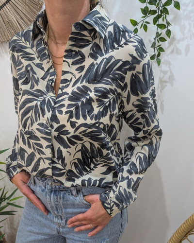 Chemisier femme écru  feuillages bleus