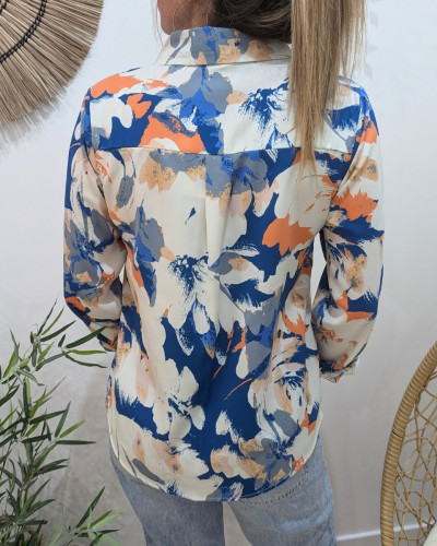 Chemisier femme bleu blanc corail fleuri Liana