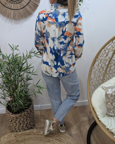 Chemisier femme bleu blanc corail fleuri Liana