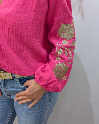 Chemisier femme rose fuchsia coton gaze manches brodées fleurs dorées
