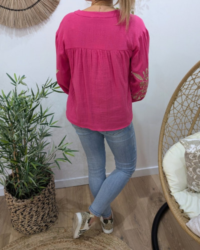 Chemisier femme rose fuchsia coton gaze manches brodées fleurs dorées