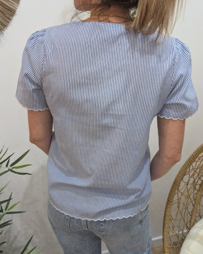 Chemisier femme rayé bleu et blanc broderies ajourées Méline