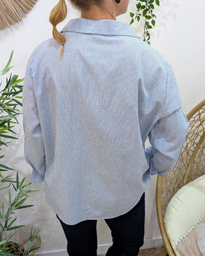 Chemisier femme rayé bleu et blanc broderies feuillages