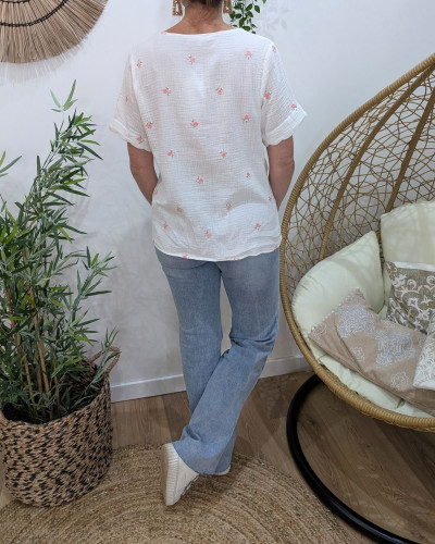 Chemisier femme coton gaze blanc fleurs roses et beiges