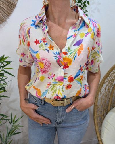 Chemisier femme écru fleurs multicolores Romylla