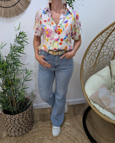 Chemisier femme écru fleurs multicolores Romylla