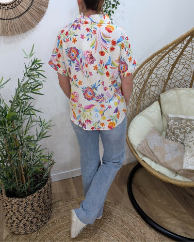 Chemisier femme écru fleurs multicolores Romylla
