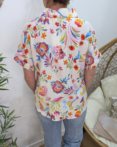 Chemisier femme écru fleurs multicolores Romylla