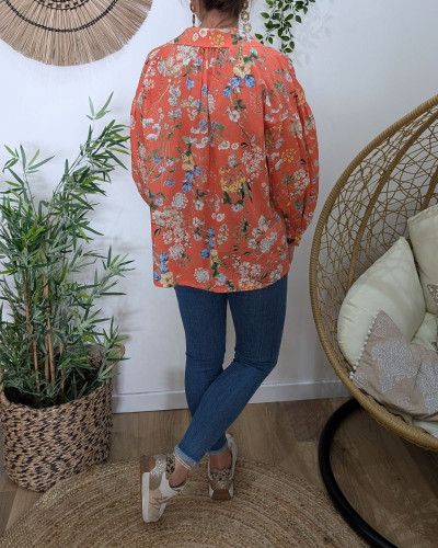 Chemisier femme fleuri corail