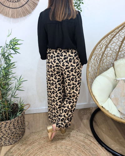 Pantalon fluide femme léopard beige taupe noir