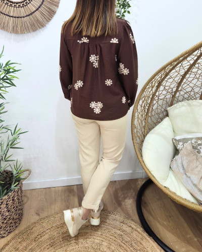 Chemisier femme marron broderies beiges Aléthéa