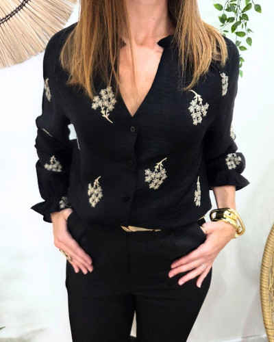 Chemisier femme noir broderies beiges Ambrine