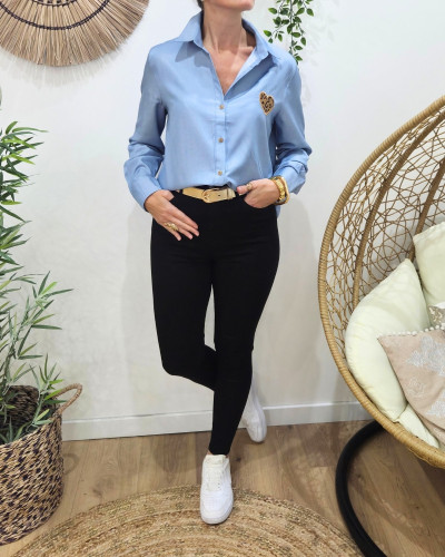 Chemisier femme coton bleu jean coeur léopard brodé