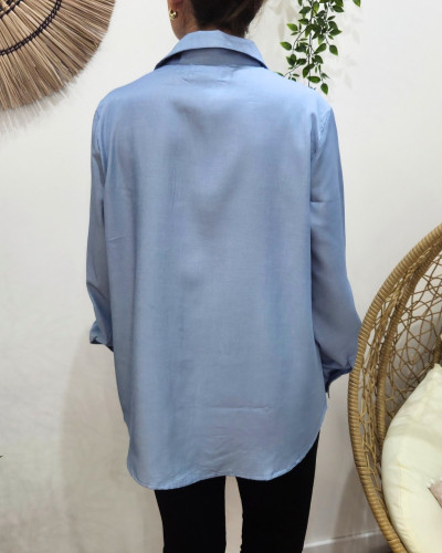 Chemisier femme coton bleu jean coeur léopard brodé