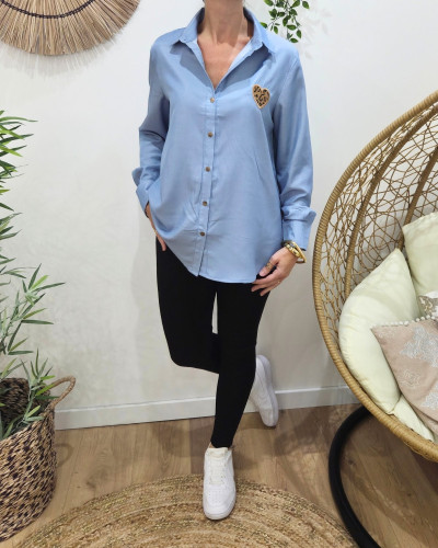 Chemisier femme coton bleu jean coeur léopard brodé
