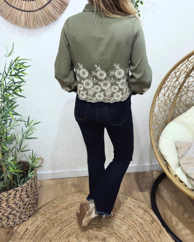 Chemisier femme kaki broderies fleuries beiges Soliane