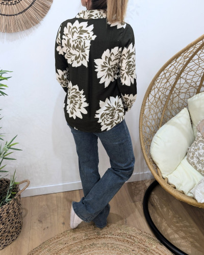 Chemisier femme kaki fleurs écrues Ophéa