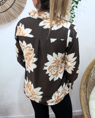 Chemisier femme marron fleurs écrues et camels Ophéa