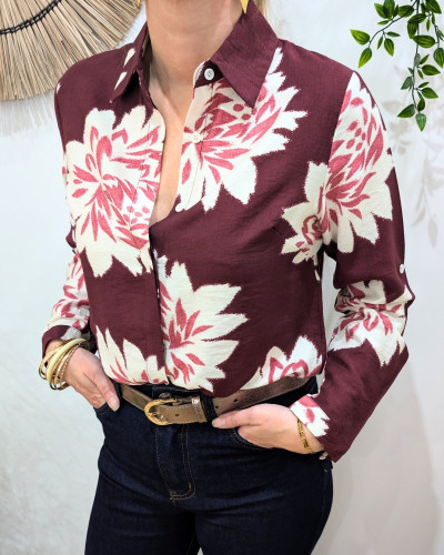 Chemisier femme bordeaux fleurs écrues Ophéa