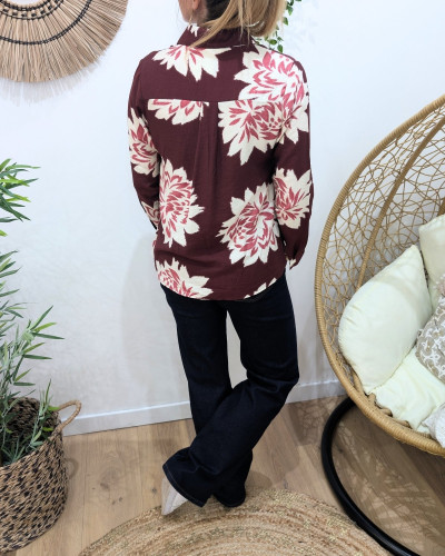 Chemisier femme bordeaux fleurs écrues Ophéa