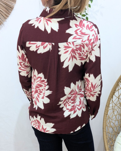 Chemisier femme bordeaux fleurs écrues Ophéa